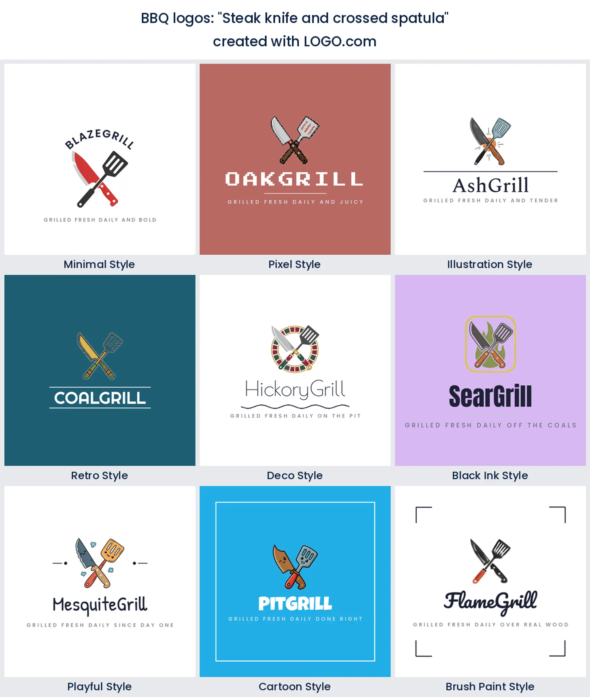 Steak knife and crossed spatula logo in nine styles.