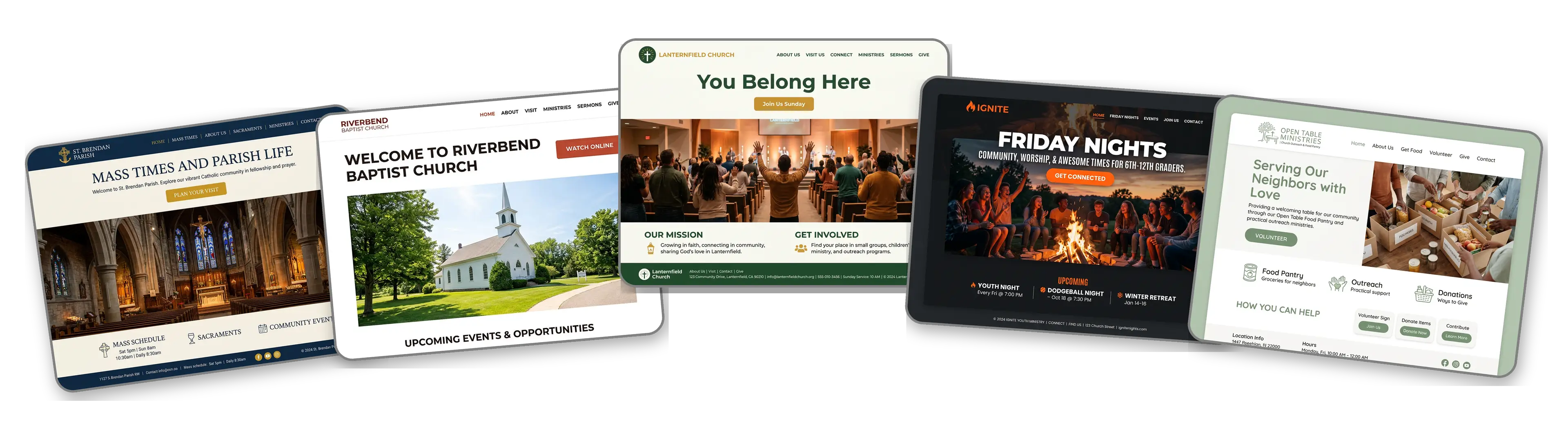 Five church websites built by the LOGO.com church website builder: a Catholic parish, a Baptist church, a community church, a youth ministry and a food pantry outreach ministry