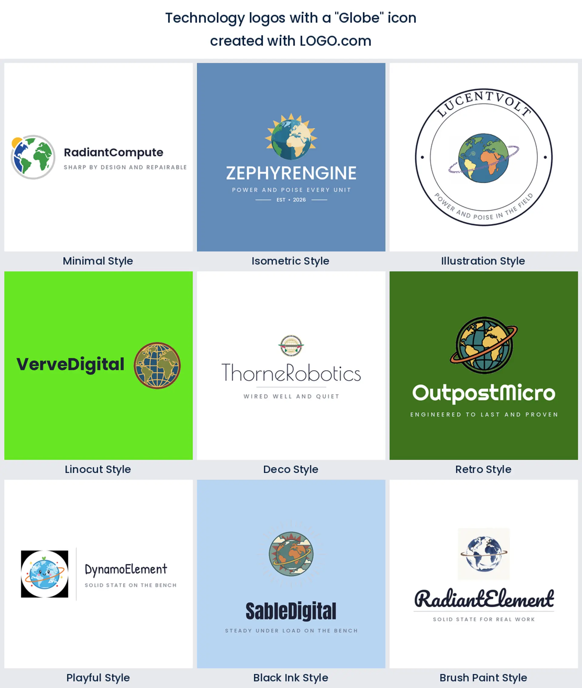 Globe technology logo shown in nine LOGO.com styles.