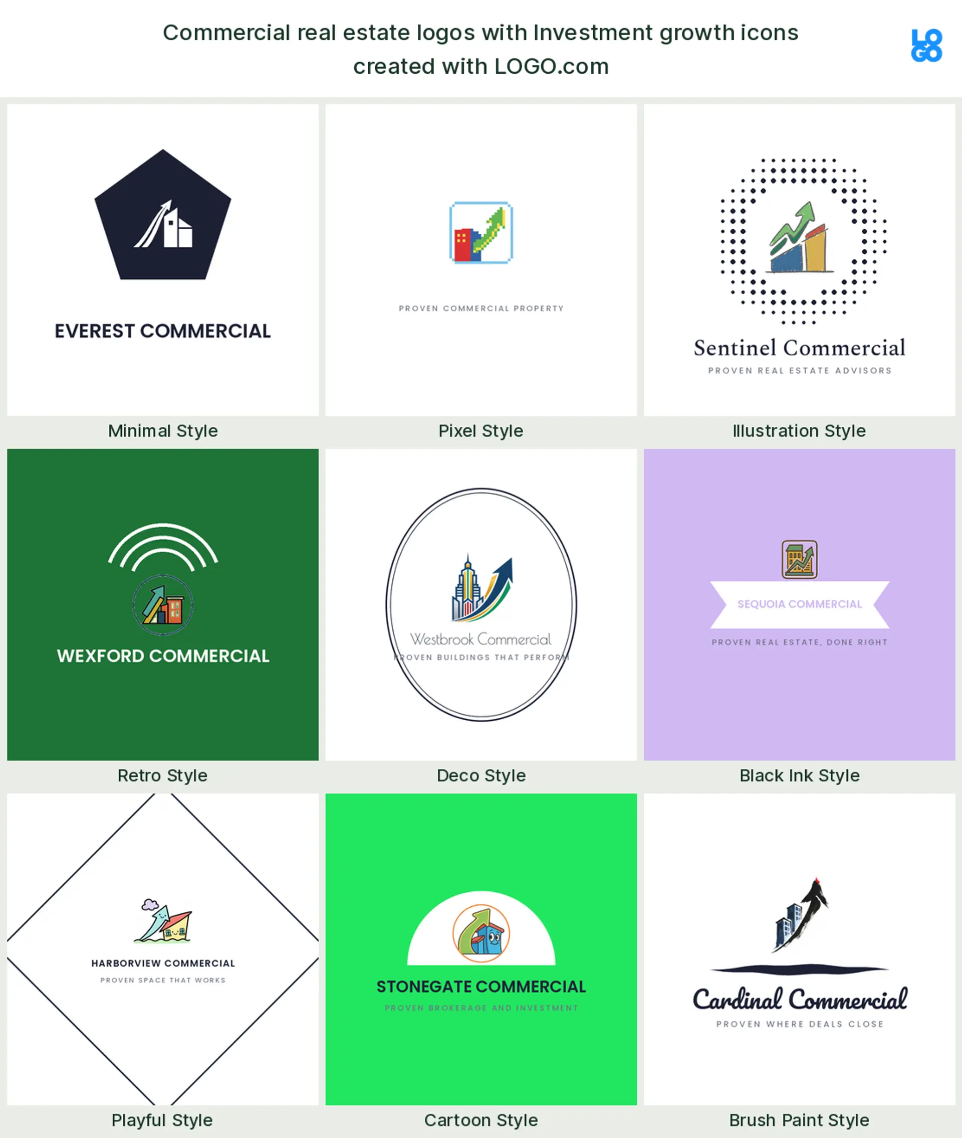An investment growth arrow, a popular commercial real estate logo symbol, shown across nine styles on LOGO.com