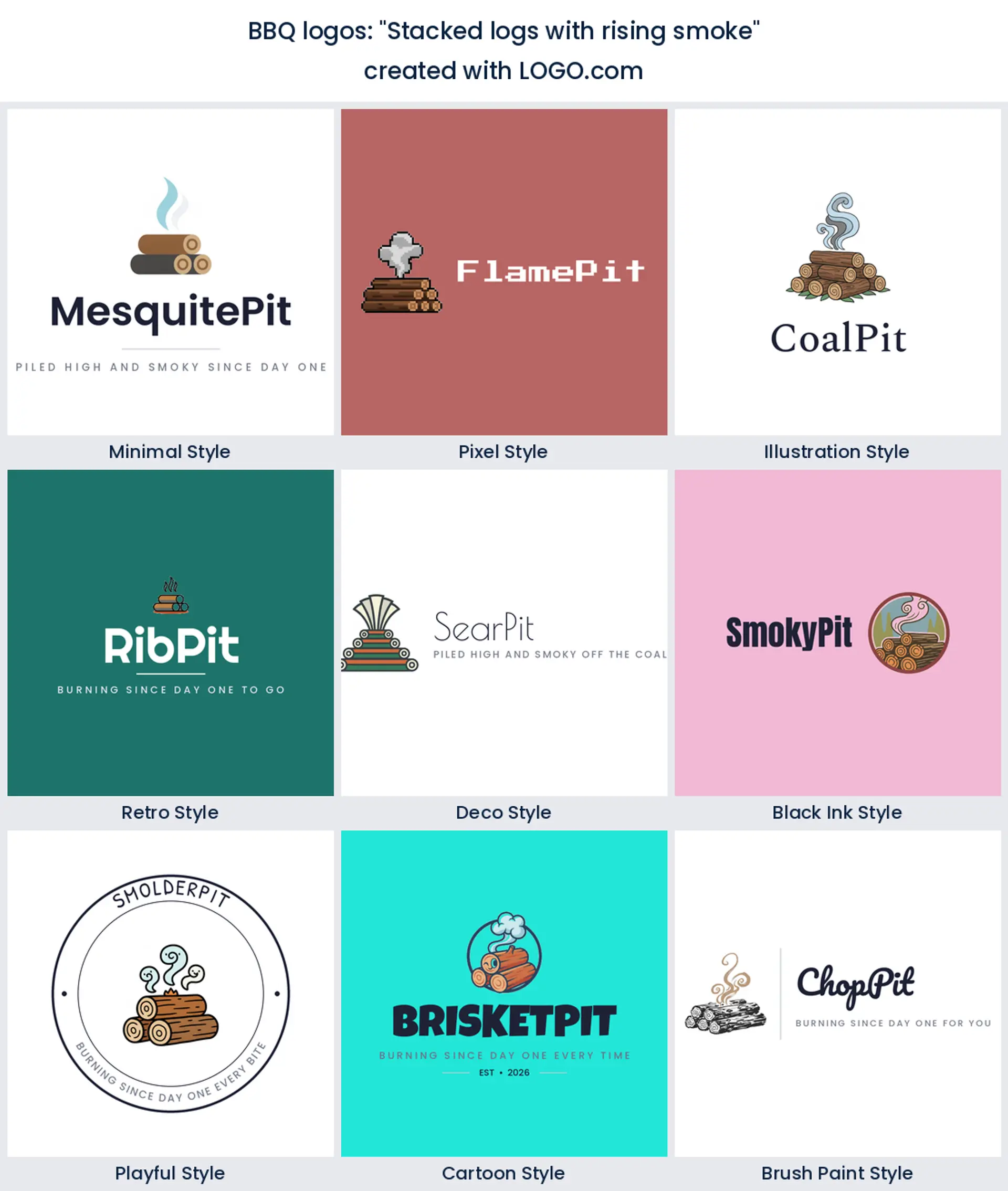 Stacked logs with rising smoke logo in nine styles.
