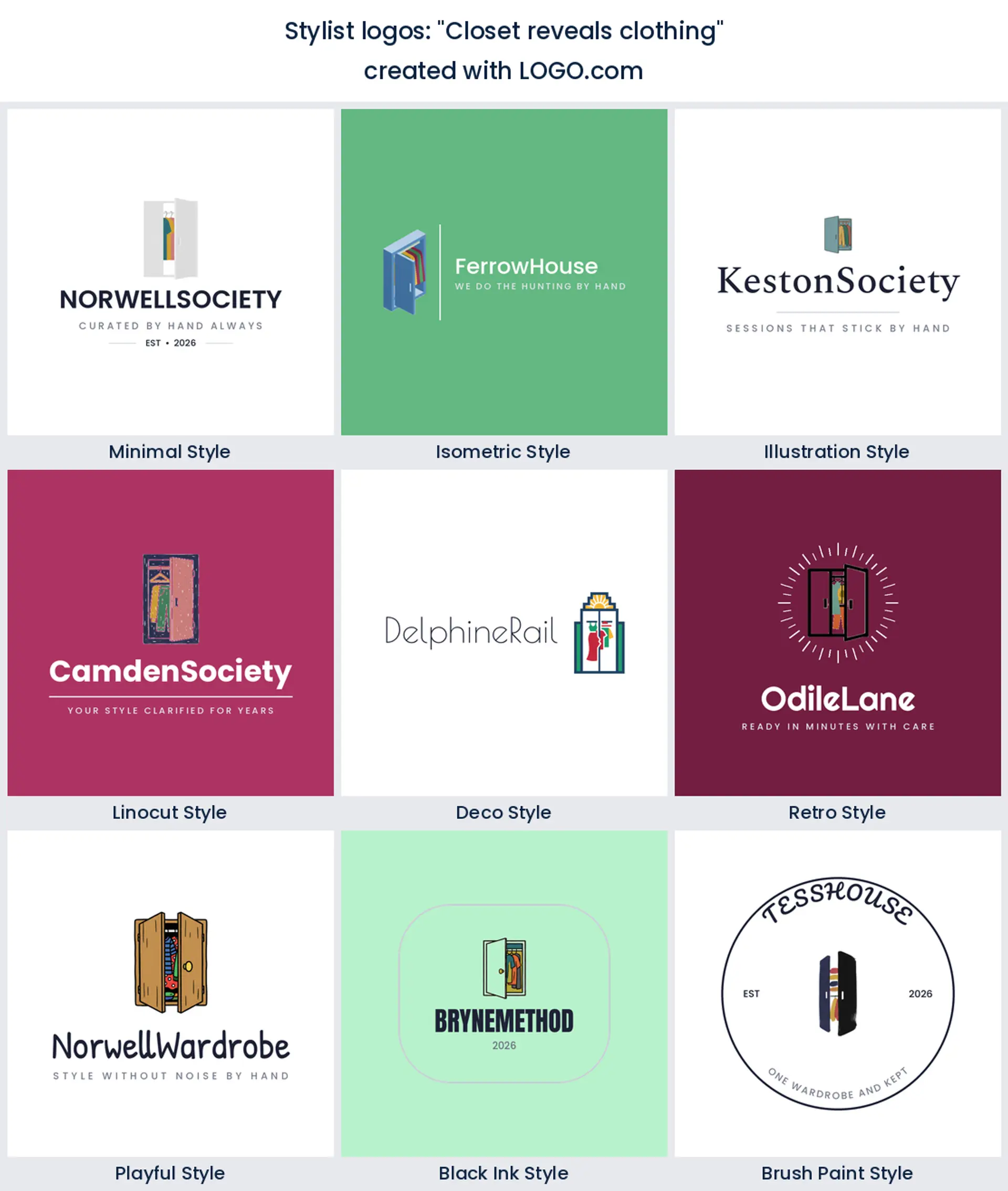 Closet revealing clothing stylist logo shown in nine LOGO.com styles