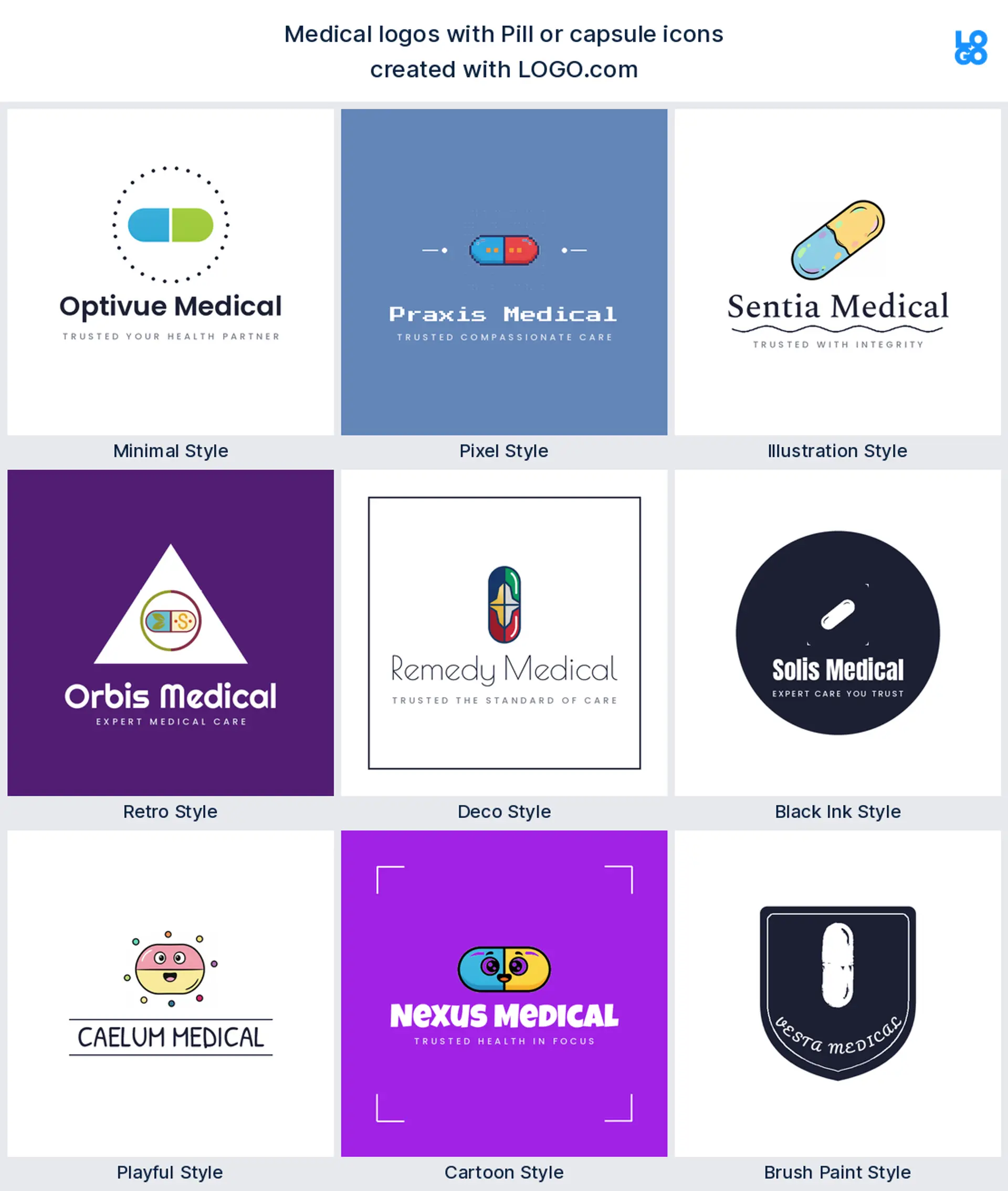 Pill or capsule shown across nine LOGO.com medical logo styles