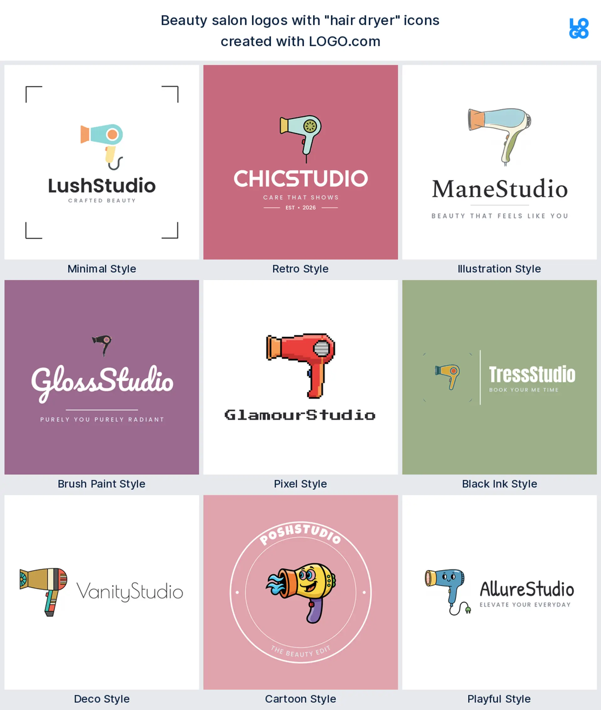 Hair dryer, brush paint beauty salon logo shown in nine LOGO.com styles