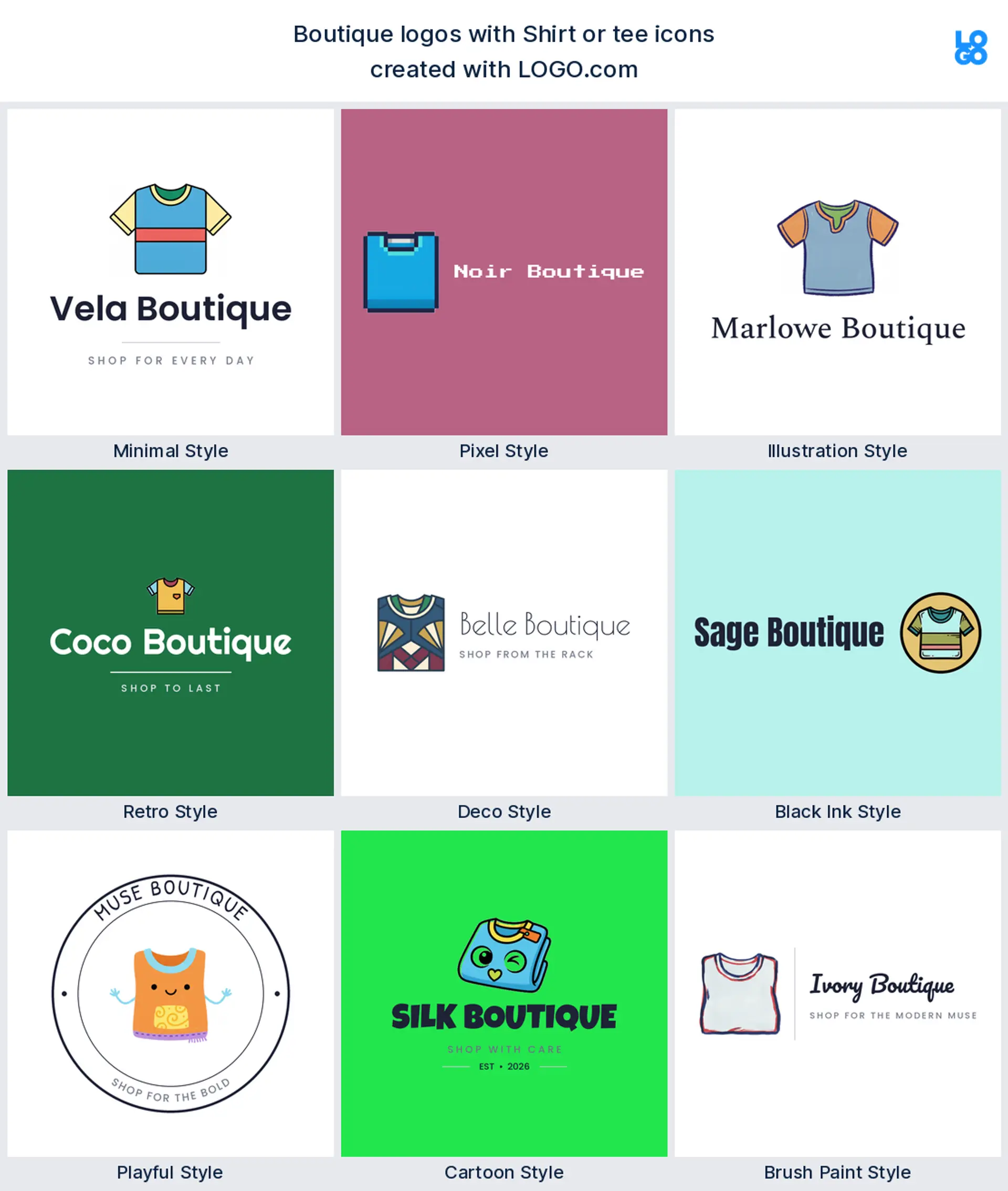 Shirt or tee shown across nine LOGO.com logo styles