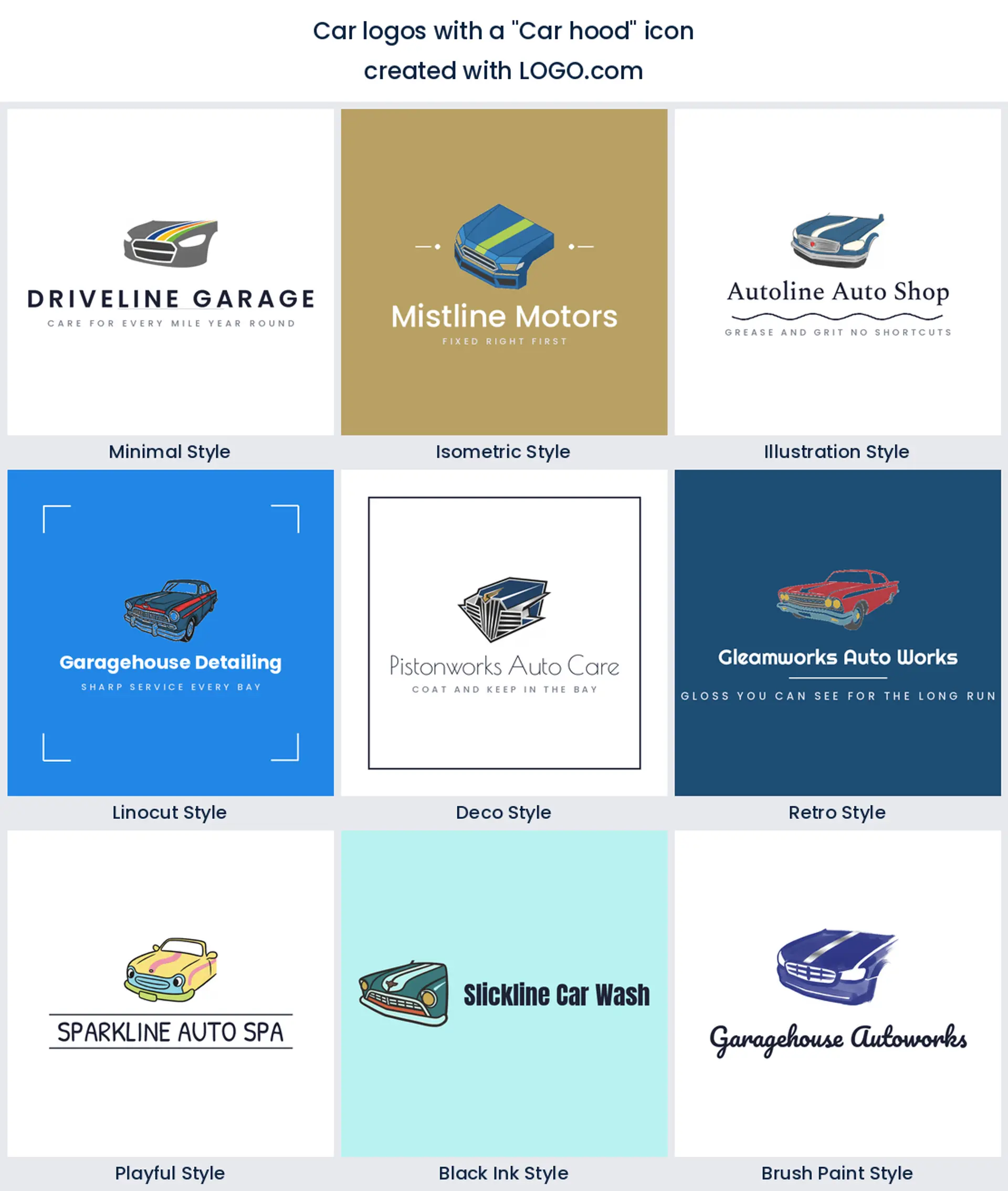 Nine paint correction logos built around a polished car hood icon, in nine different styles.