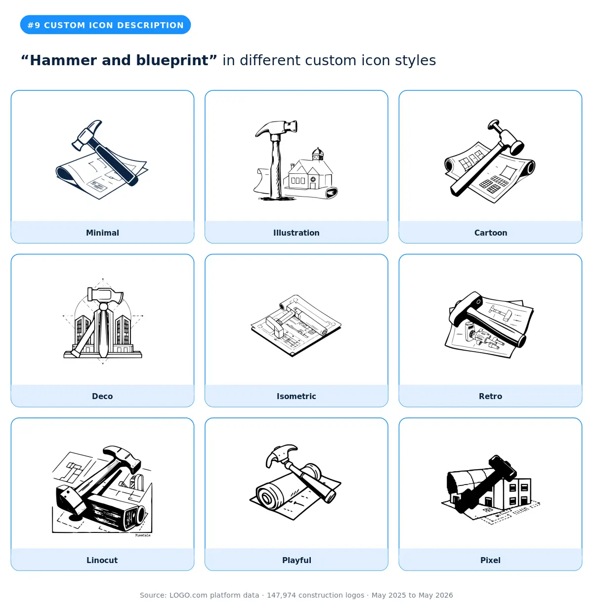 "Hammer and blueprint" custom construction logo symbol in nine styles