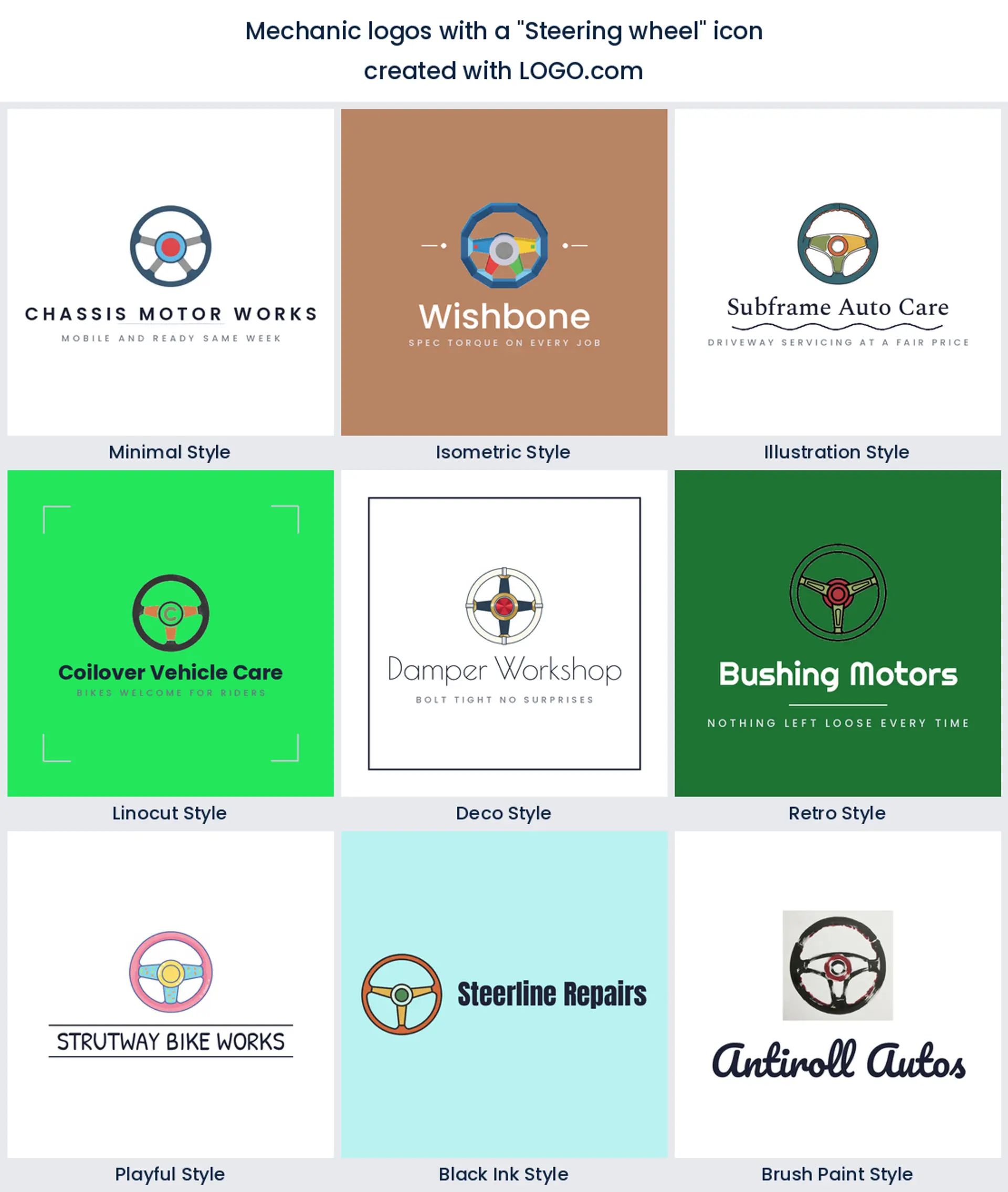 Steering wheel mechanic logo shown in nine LOGO.com styles