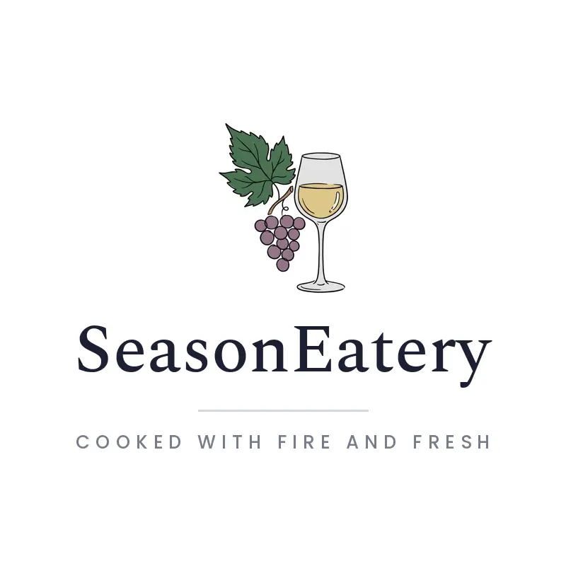 An illustrated grape and wine glass restaurant logo on a white background.