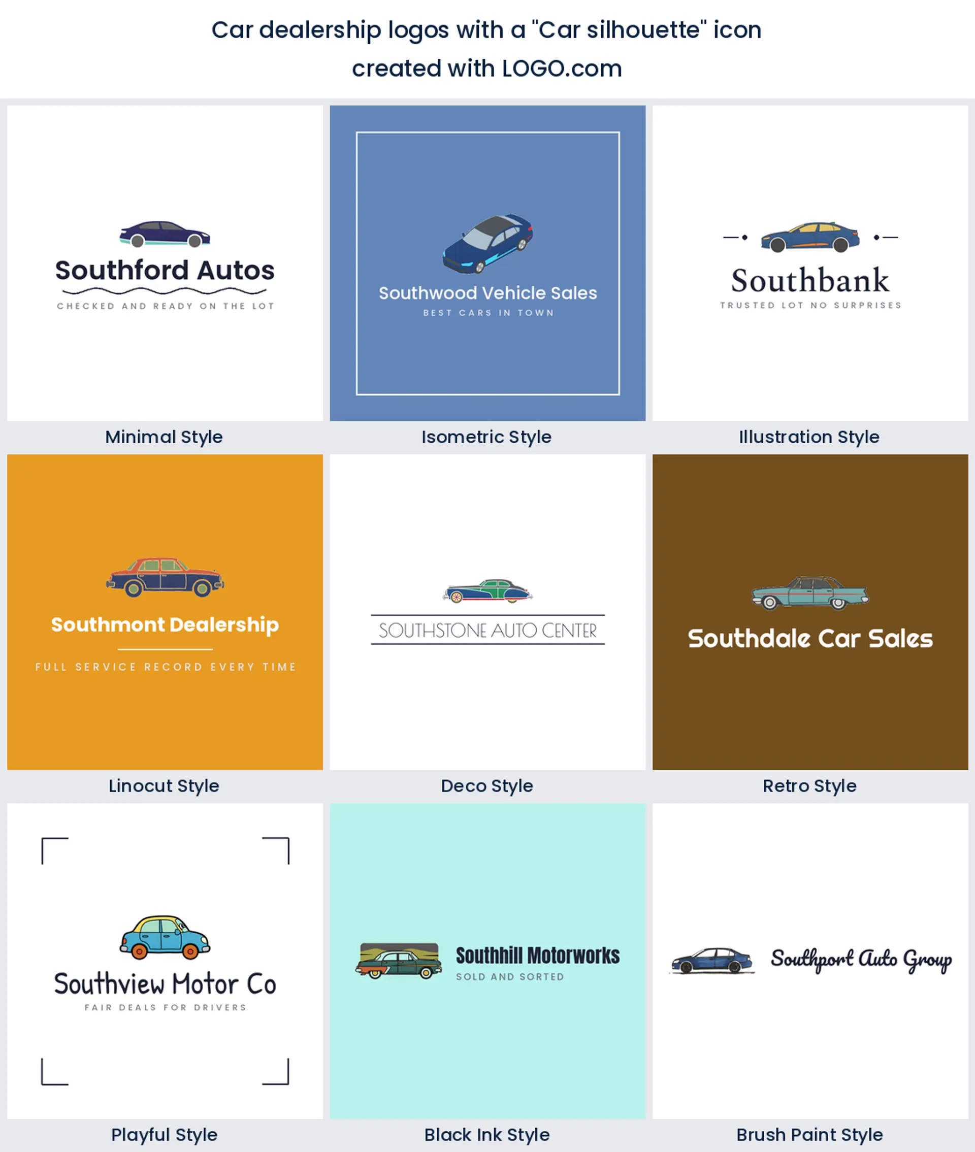 Car silhouette automotive logo shown in nine LOGO.com styles