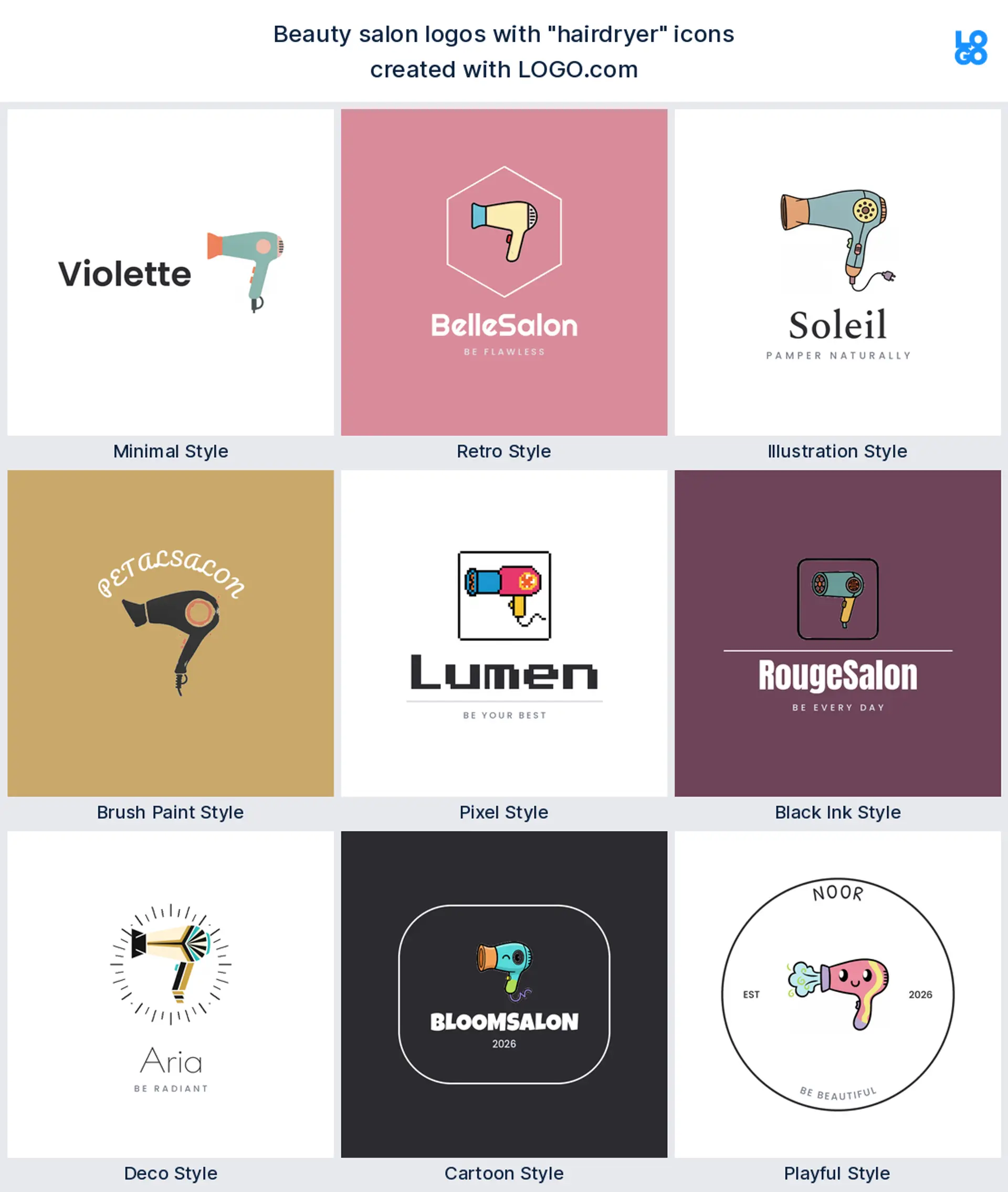 Hairdryer beauty salon logo shown in nine LOGO.com styles