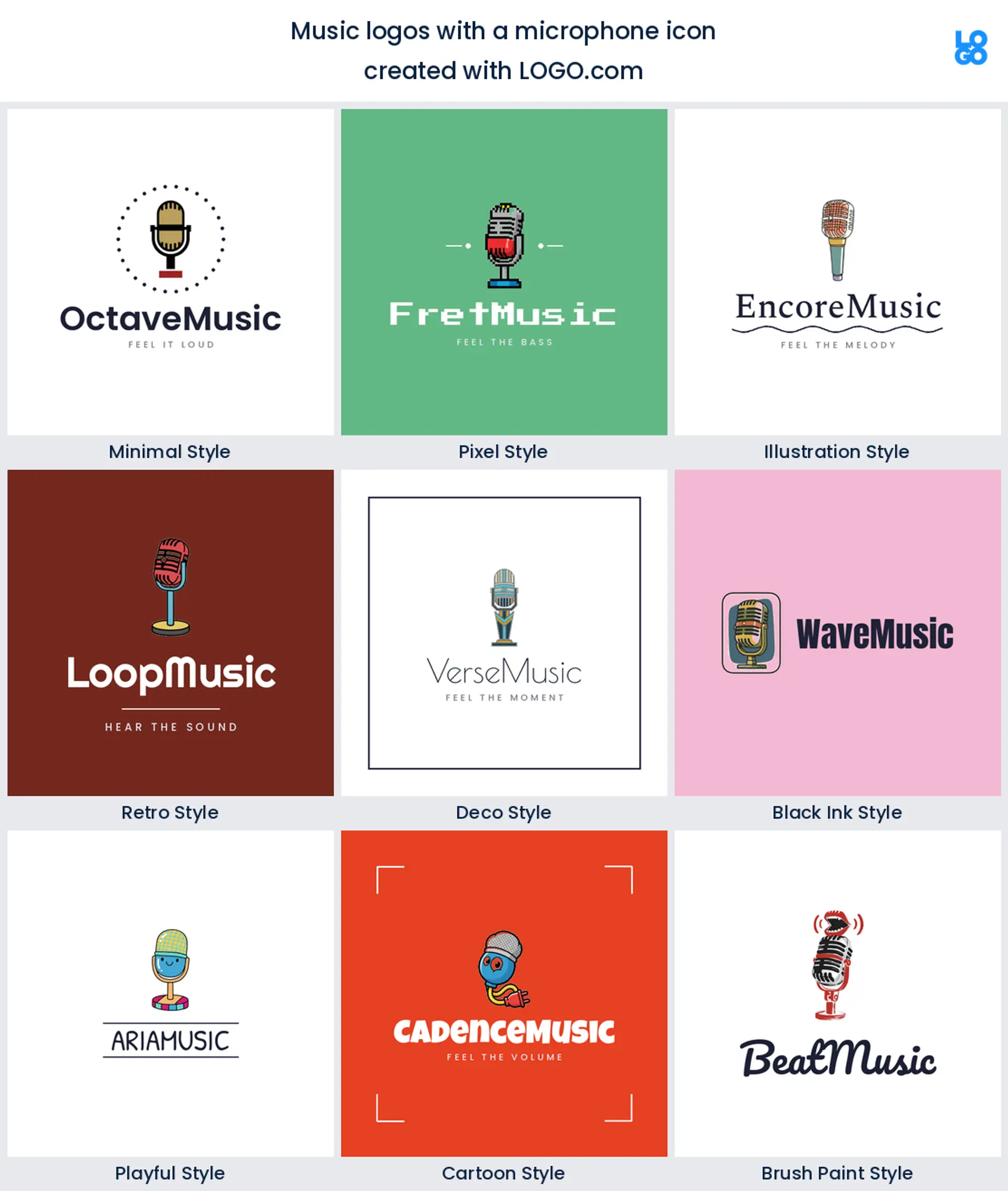 Microphone logo shown in nine LOGO.com styles