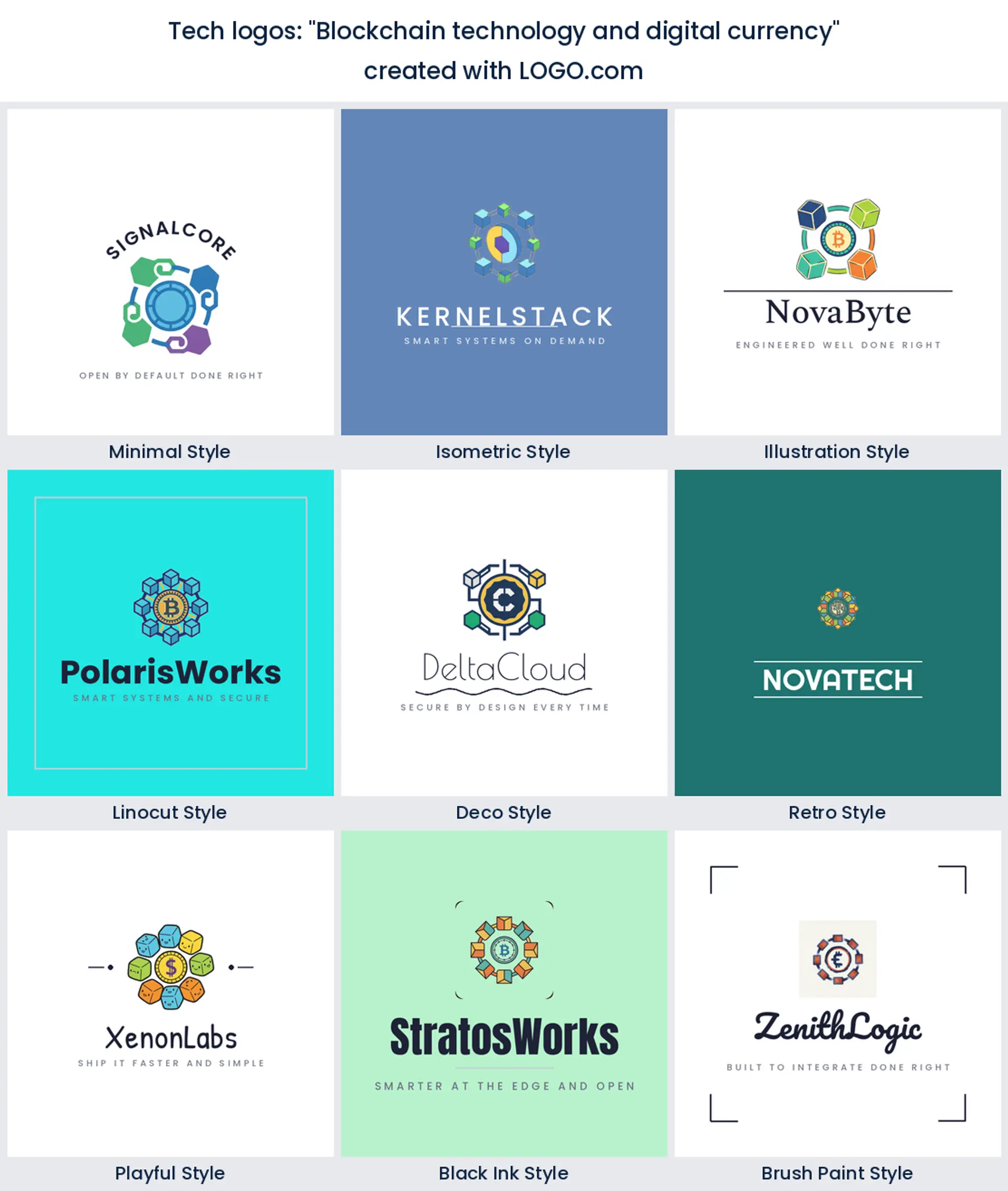 Blockchain and digital currency tech logo in nine styles.
