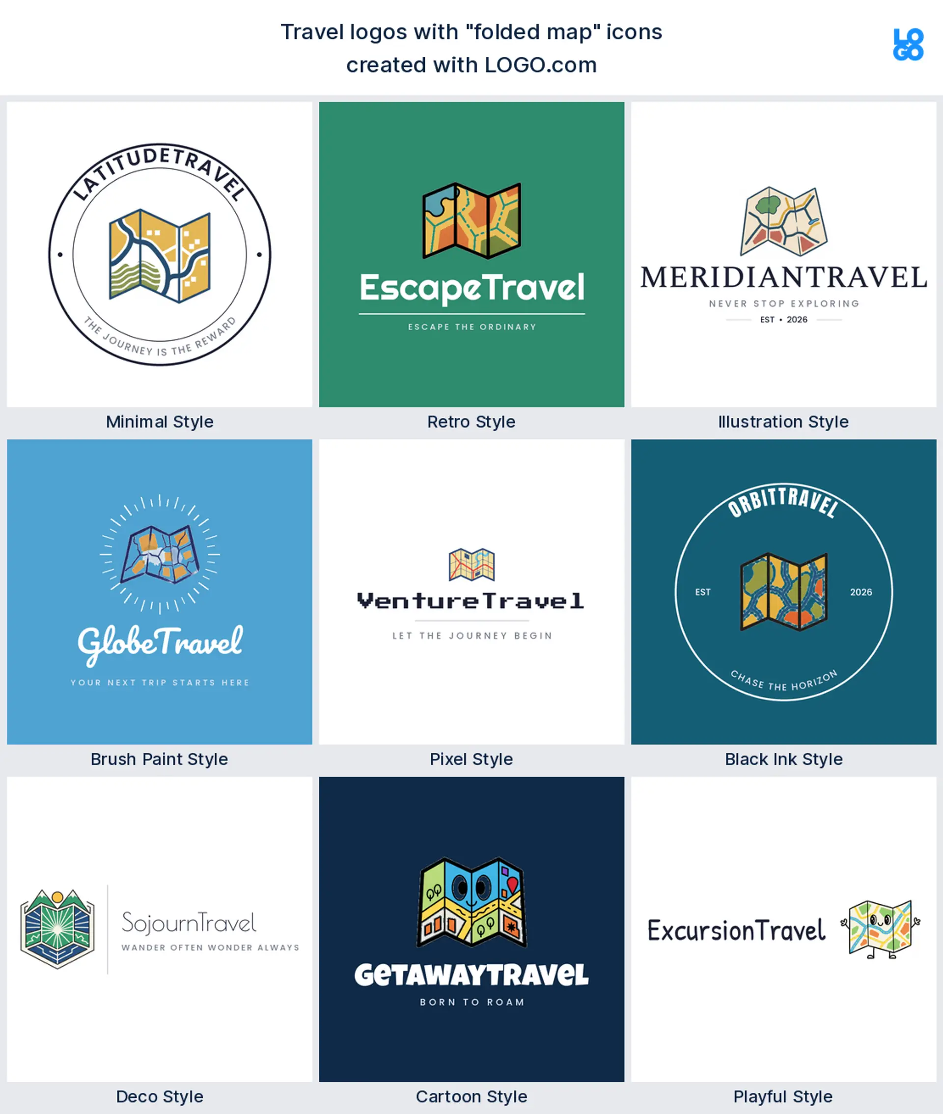 Folded map, retro travel logo shown in nine LOGO.com styles