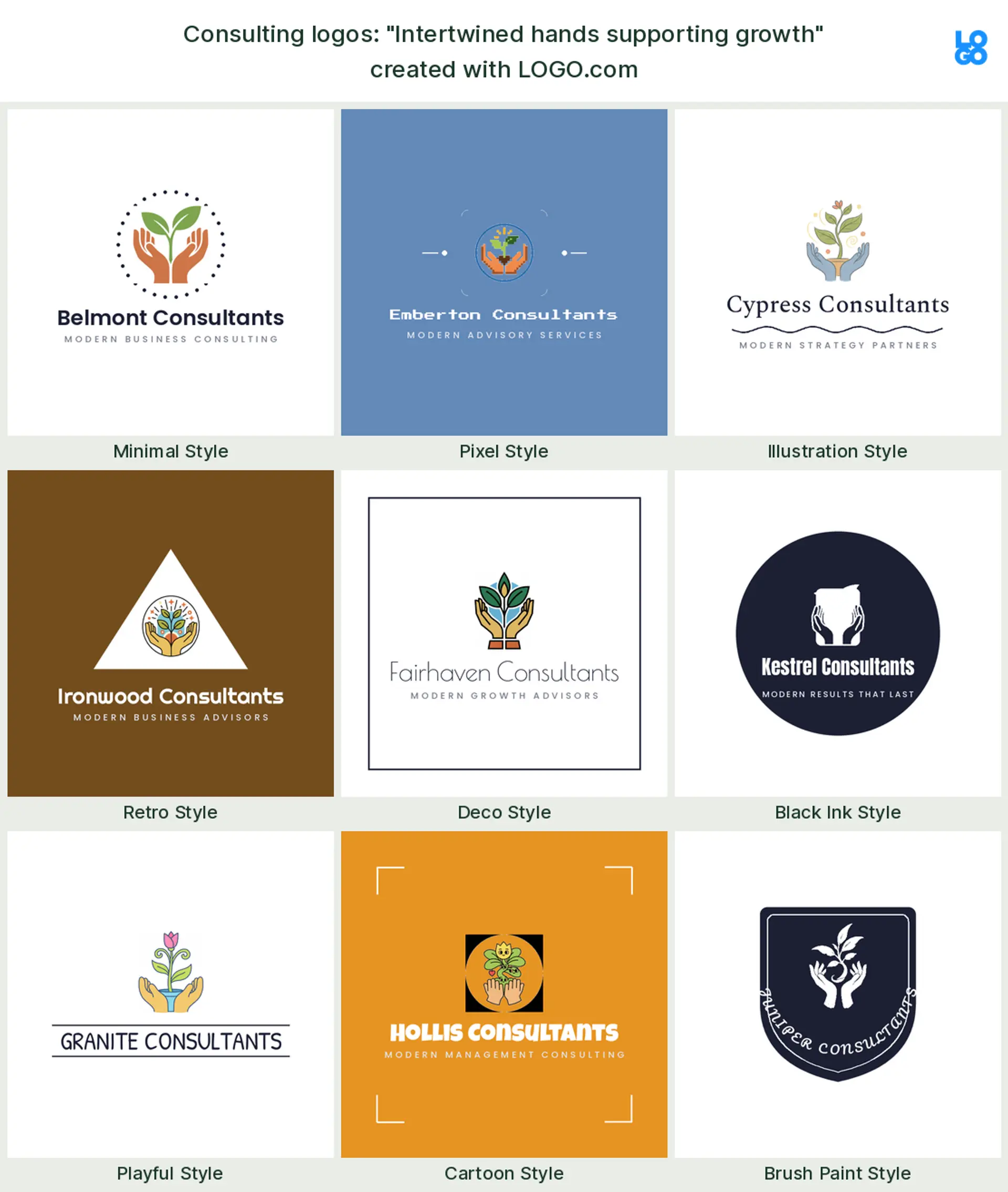 The "Intertwined hands supporting growth" business consulting logo idea, shown across nine styles on LOGO.com