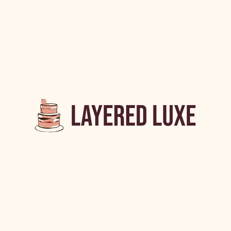 The cake business name Layered Luxe as a branded logo with a color icon