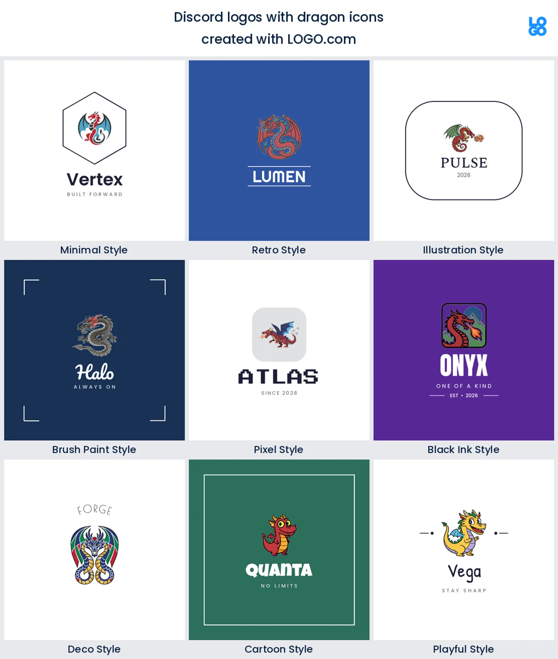 Dragon discord server logo shown in nine LOGO.com styles