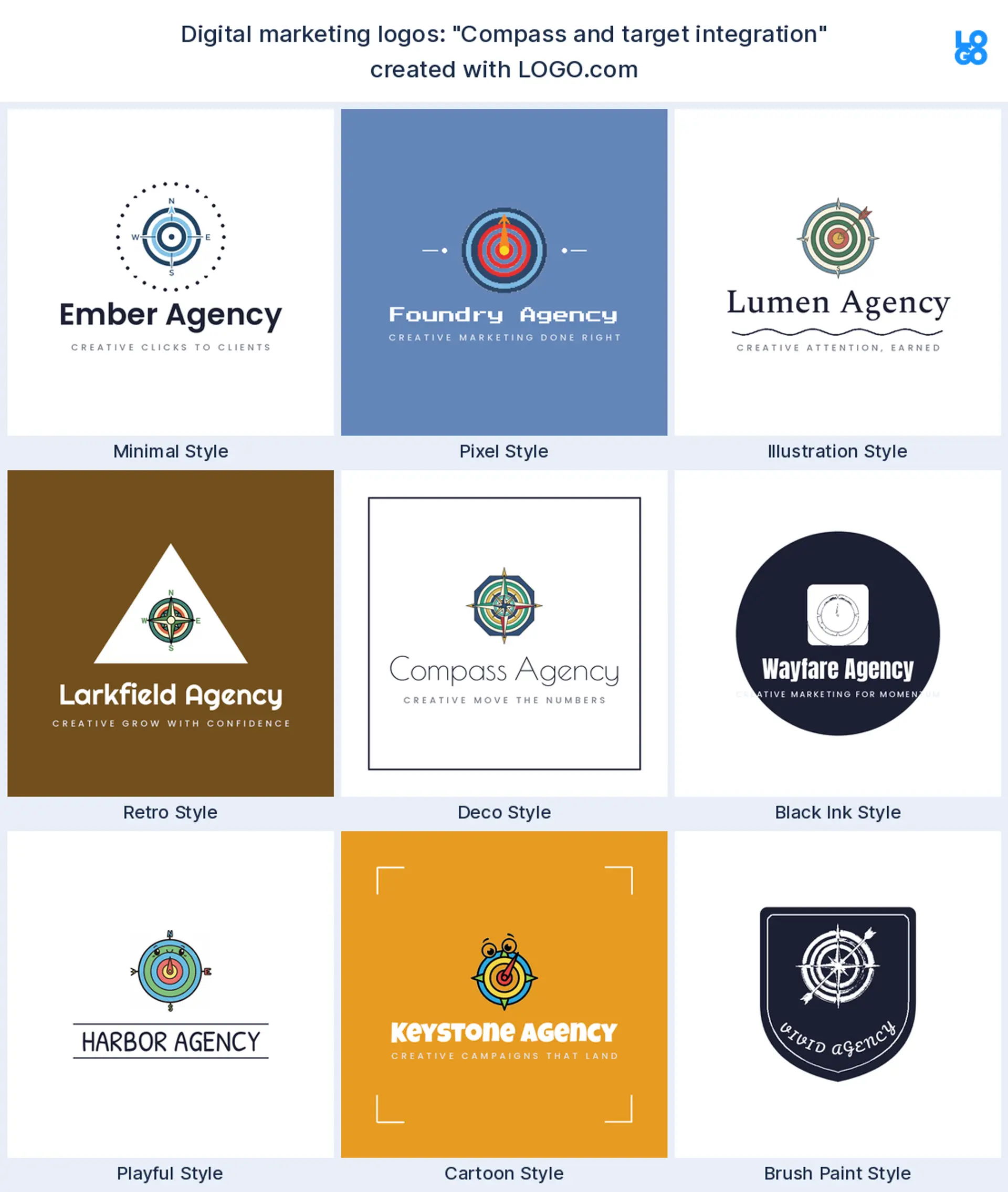 The "Compass and target integration" digital marketing logo idea, shown across nine styles on LOGO.com
