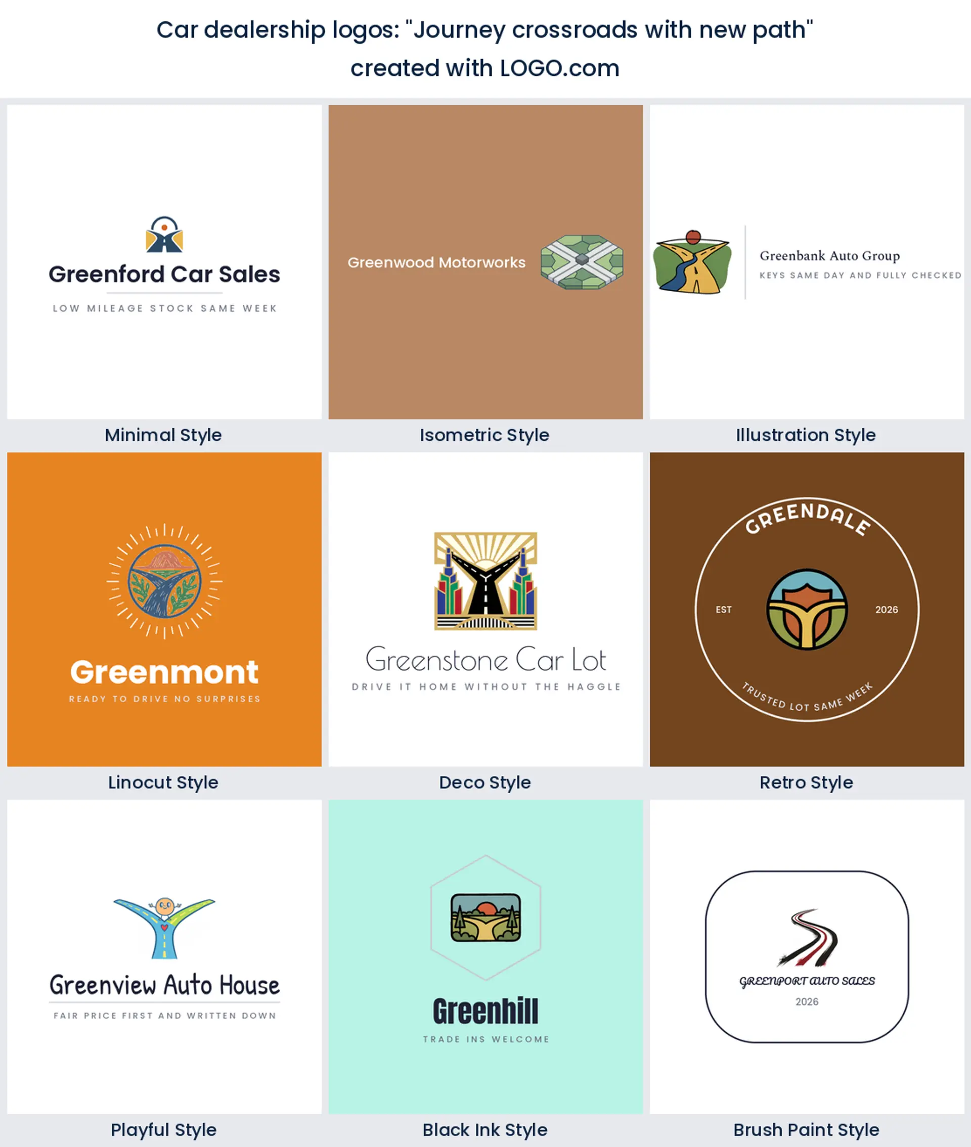 Crossroads journey automotive logo in nine styles