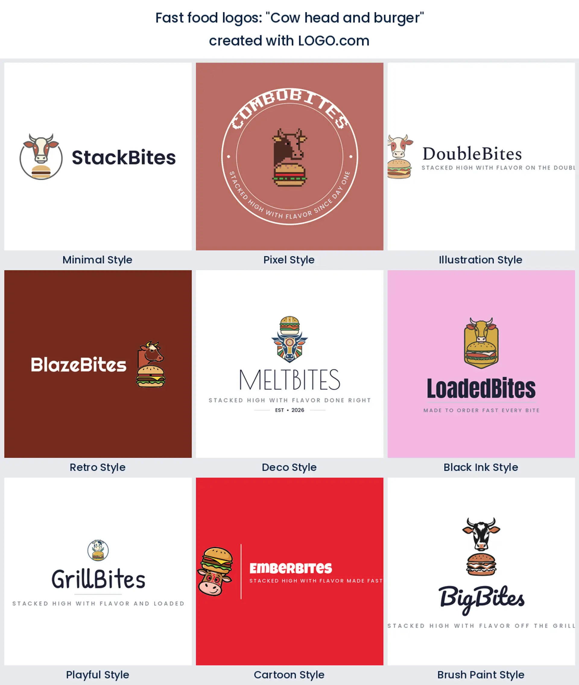 Cow head and burger logo in nine styles.