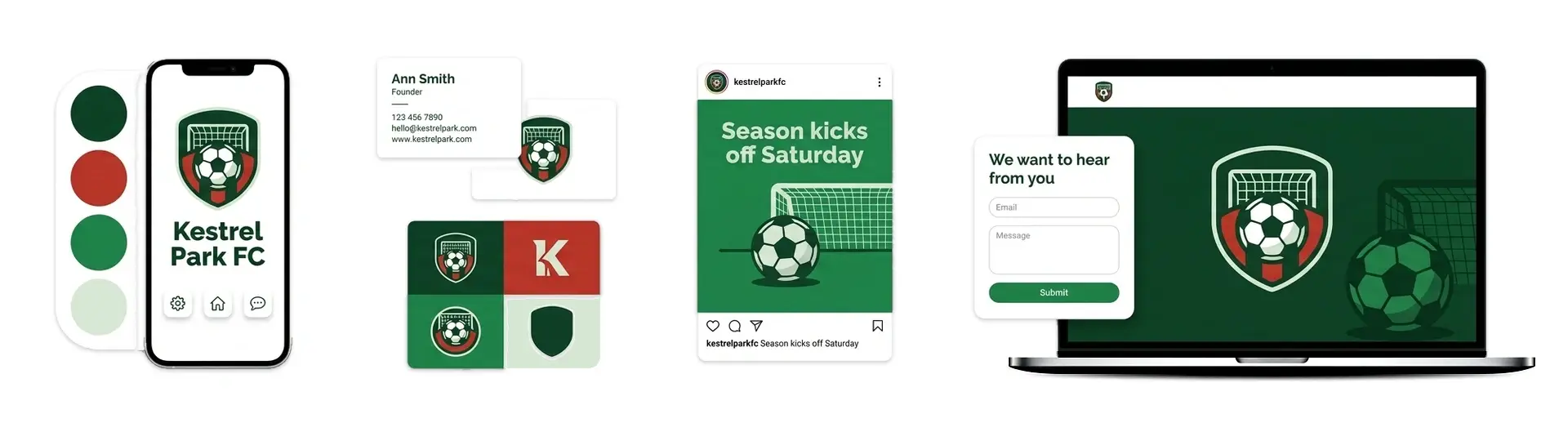 Soccer logo maker showcase brand kit shown on a shirt badge, a phone, and a club website