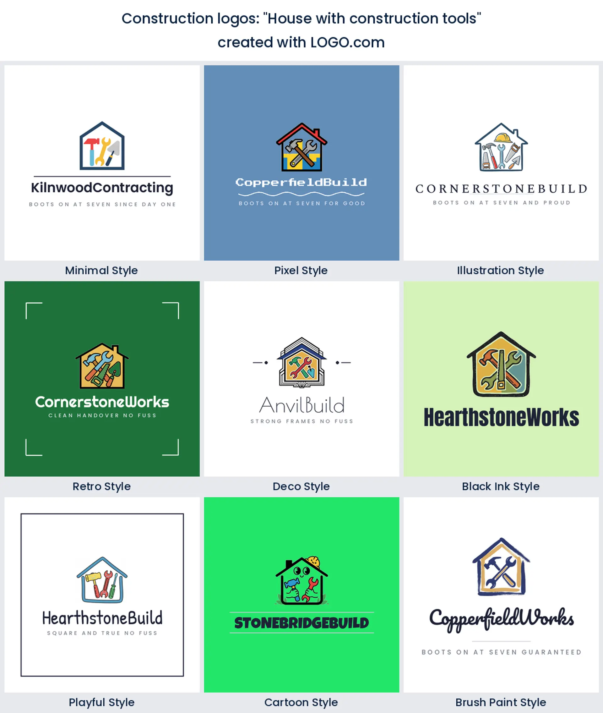 House with construction tools logo idea, shown in nine LOGO.com styles
