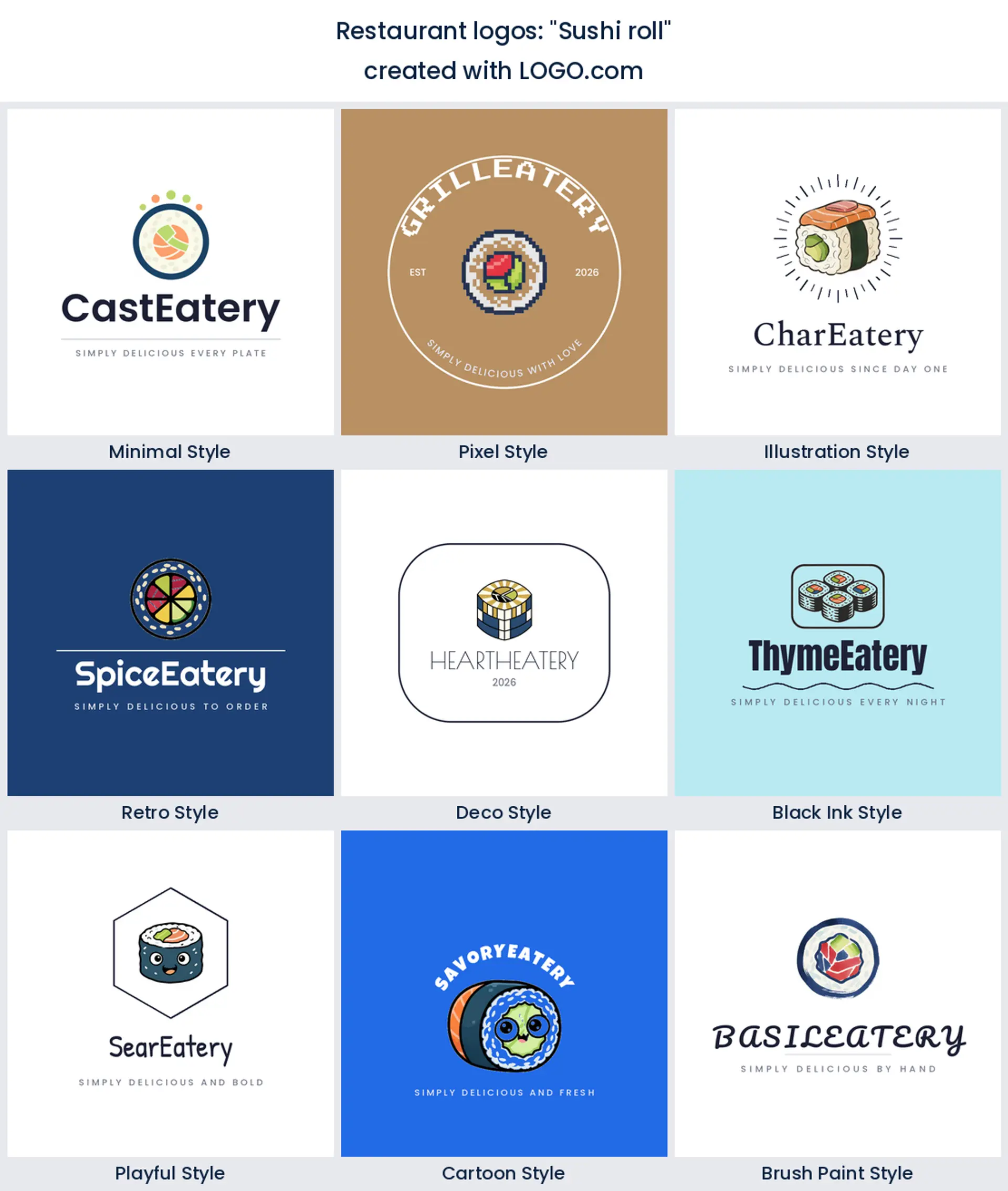 Sushi roll restaurant logo in nine styles.