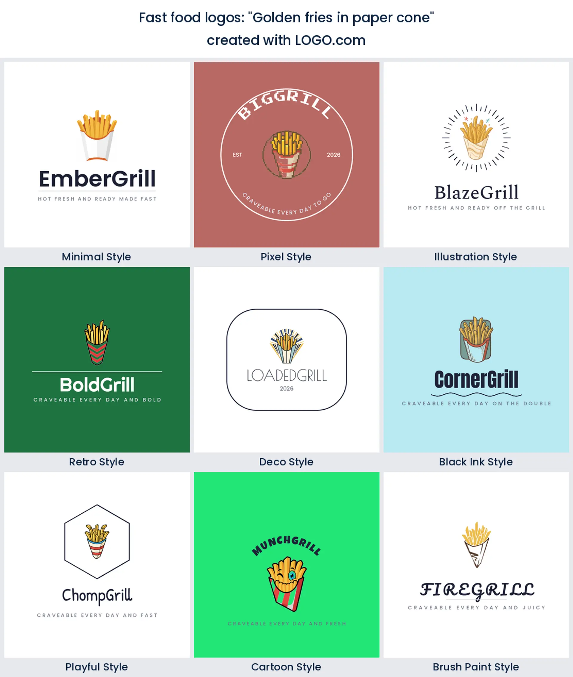 Golden fries in a paper cone logo in nine styles.
