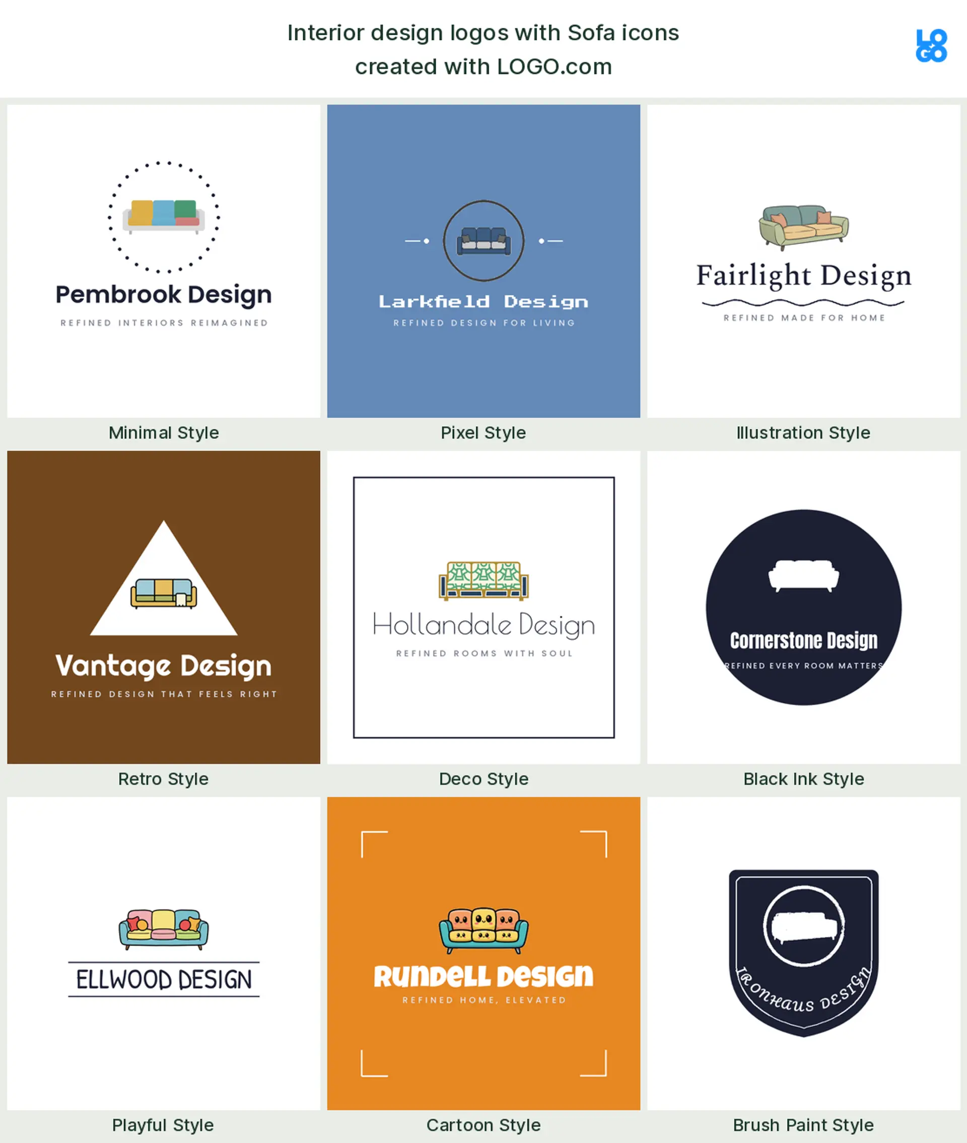 Sofa, a popular interior design logo symbol, shown across nine styles on LOGO.com