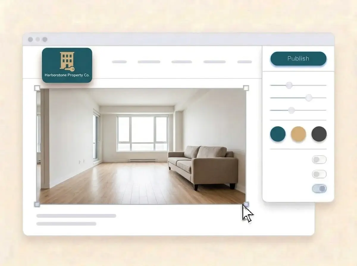Editing the Harborstone Property Co. website with a photo of an empty bright rental living room selected, the style panel open and the Publish button ready