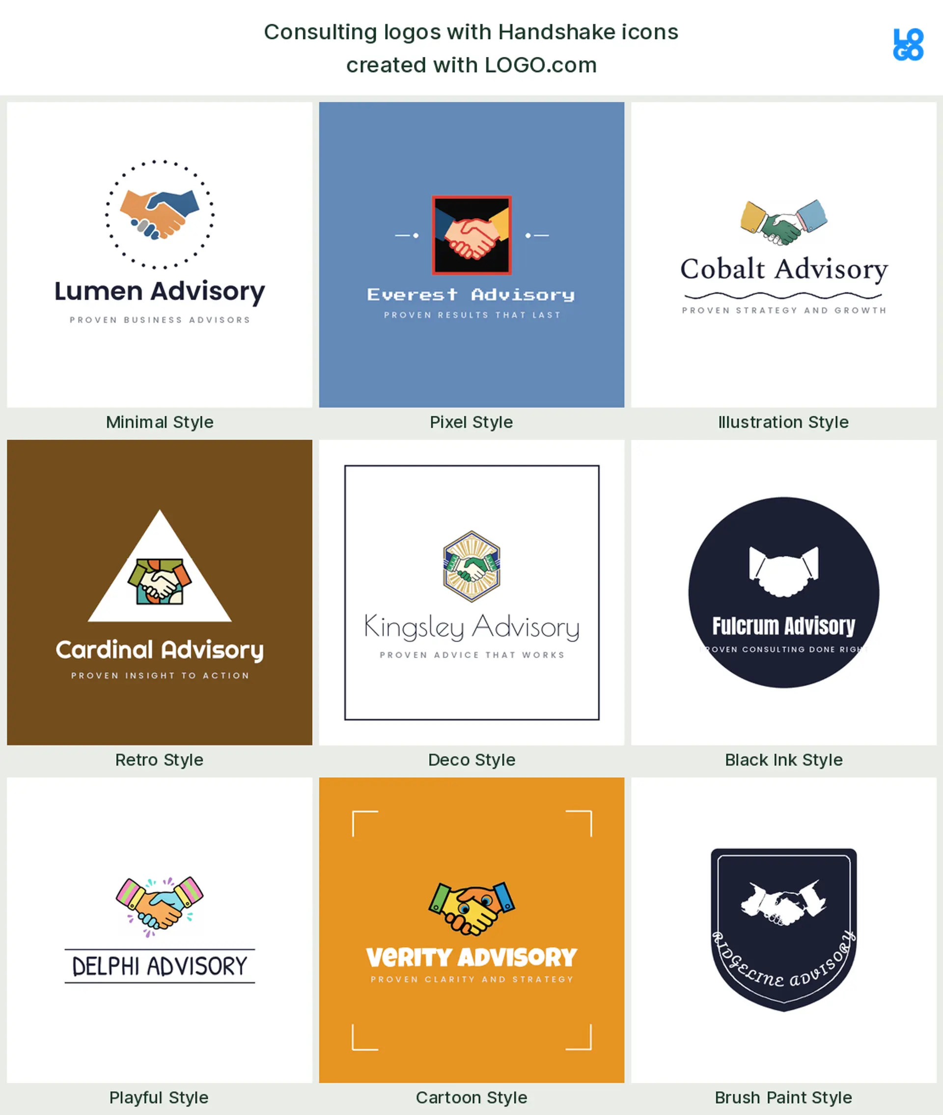 Handshake, a popular consulting logo symbol, shown across nine styles on LOGO.com