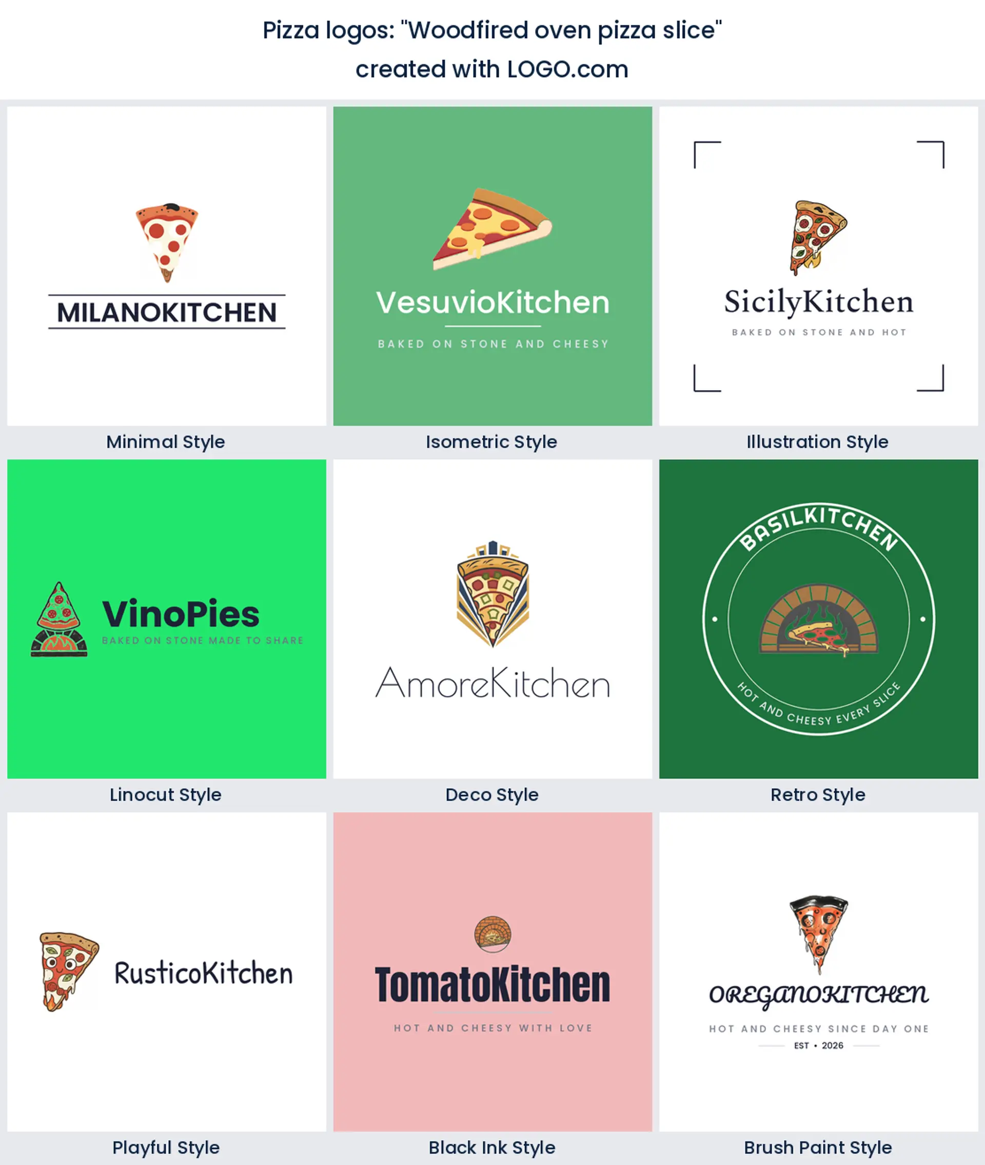 Woodfired oven pizza slice logo in nine styles.