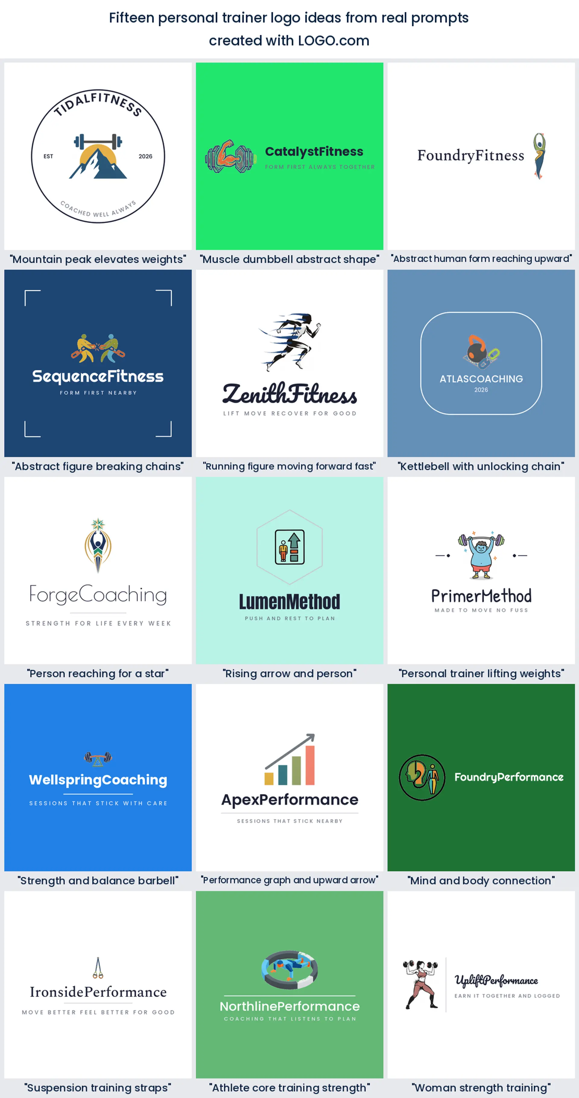 Fifteen personal trainer logo ideas drawn from real founder prompts, shown across nine LOGO.com styles